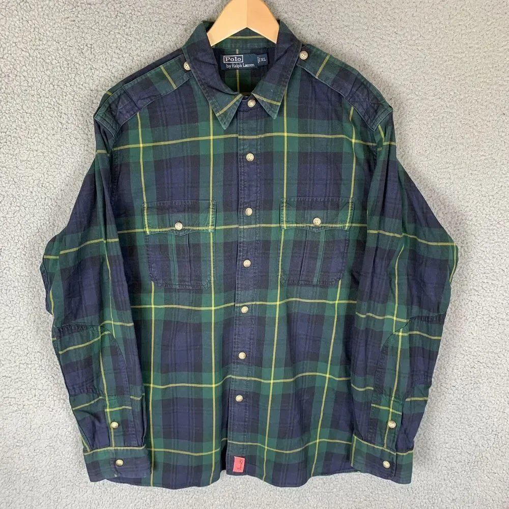S Polo Ralph Lauren Shirt Mens XL Green Button Down Long Sleeve‎ Tartan Plaid